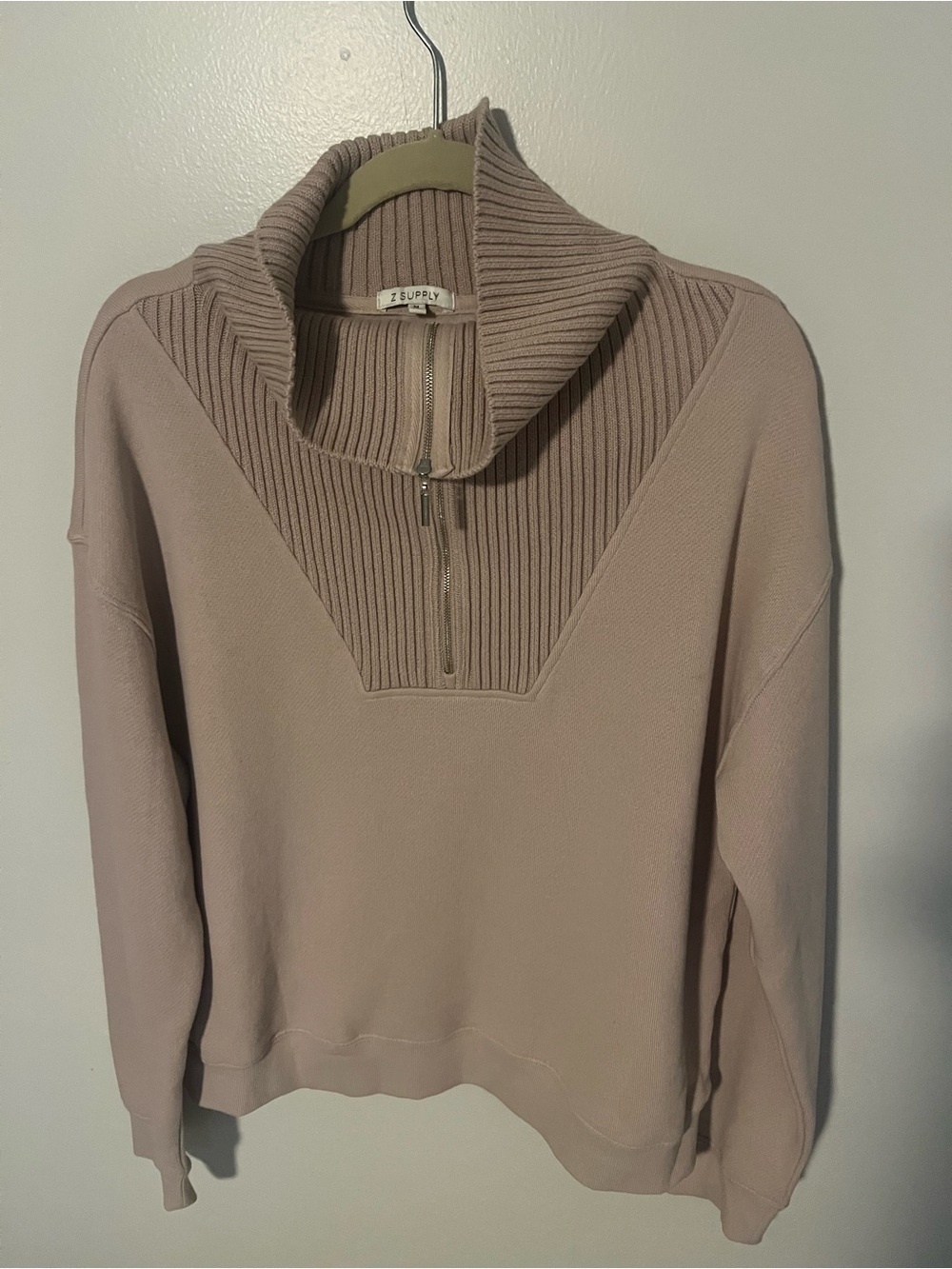 Z Supply Taupe Ribbed Half-Zip Cowl Sweater